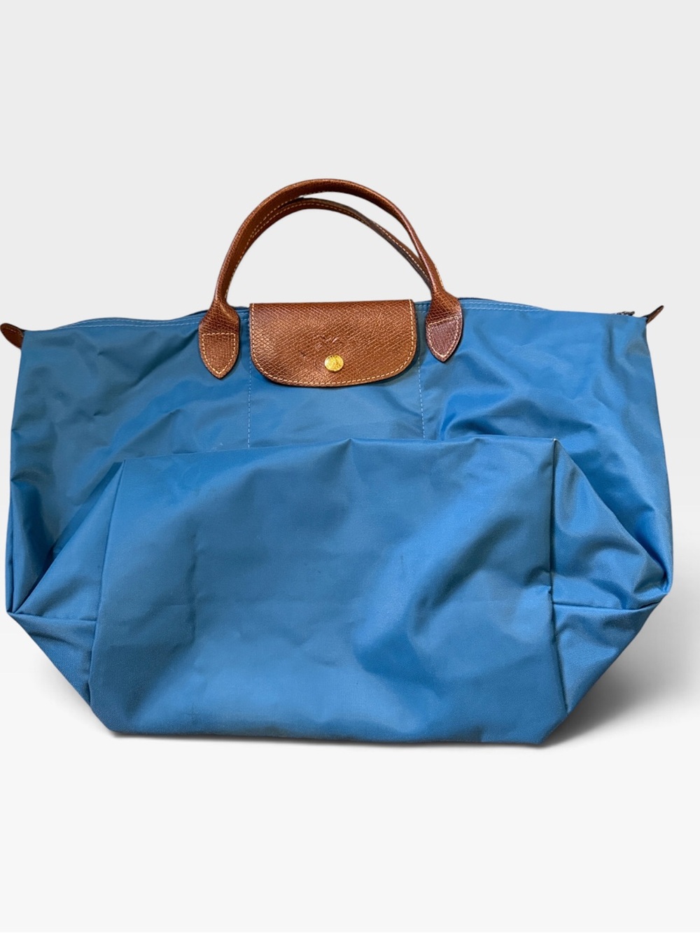 Longchamp Le Pliage Blue Nylon Shoulder Bag Tote with Brown Leather Trim